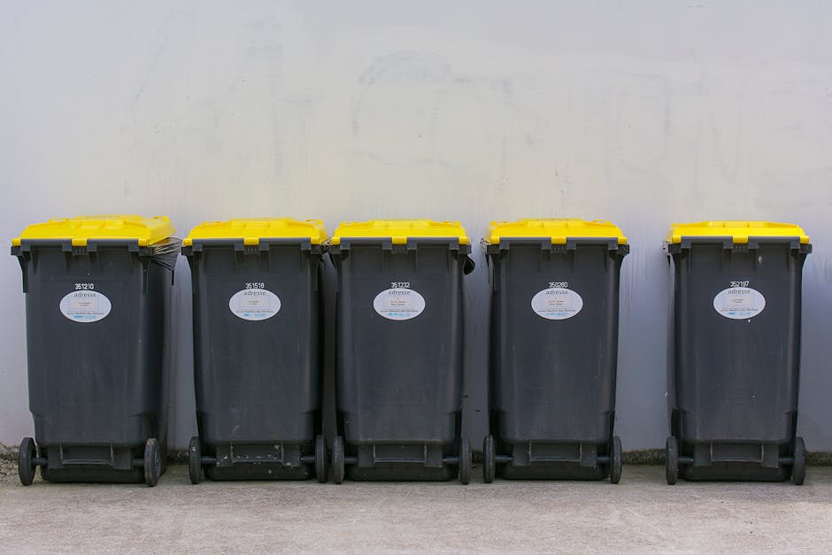 A row of five large black wheeled rubbish bins with yellow lids, positioned on a concrete surface against a plain white wall. Each bin has a white oval label affixed to the front with alphanumeric codes printed on them. The bins are evenly spaced and appear to be used for waste collection, possibly as part of a private rubbish removal service. The setting suggests an outdoor area on a driveway or service yard, with neutral lighting indicating an overcast day. The scene reflects an organized waste disposal environment, suitable for non-local authority rubbish collection options near a Thameslink station, as referenced in the page context. The bins are clean, with a smooth finish and sturdy plastic construction, and are aligned in a straight line, indicating readiness for waste collection or disposal activities managed by a waste removal company like Rubbish Removal West Hampstead.